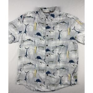 Margaritaville Shirt Mens XL Gray Fish Print Rayon Short Sleeve Button Up Casual